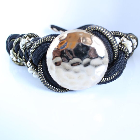 Vintage 80's Black Braided Cord With Gold Tone Hardware Faux Pearls ~S~ - Picture 3 of 5